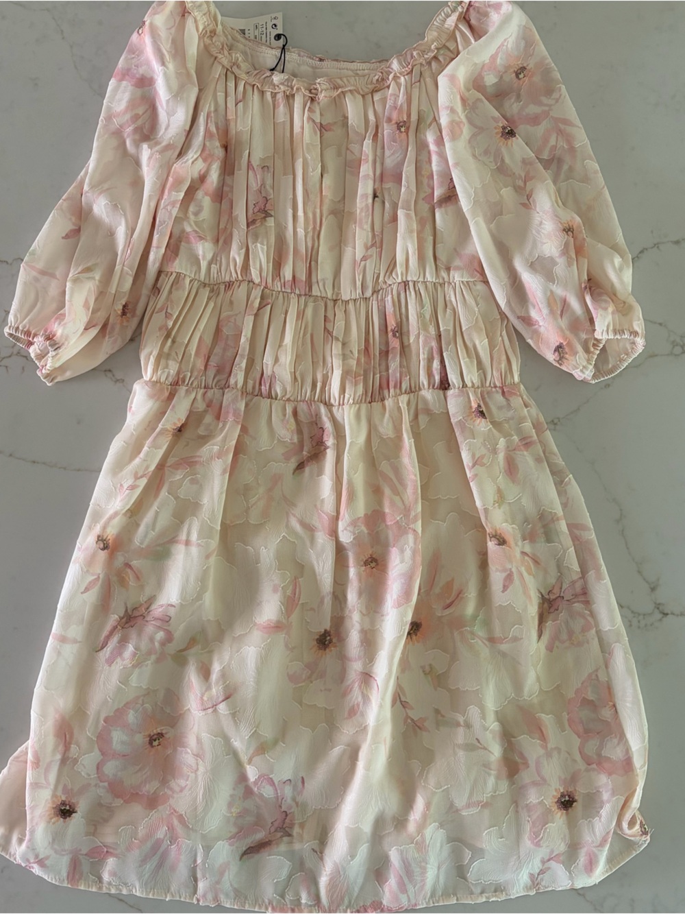 Zara Girls Floral Jacquard Dress 11-12 Pink NWT Puff Sleeve